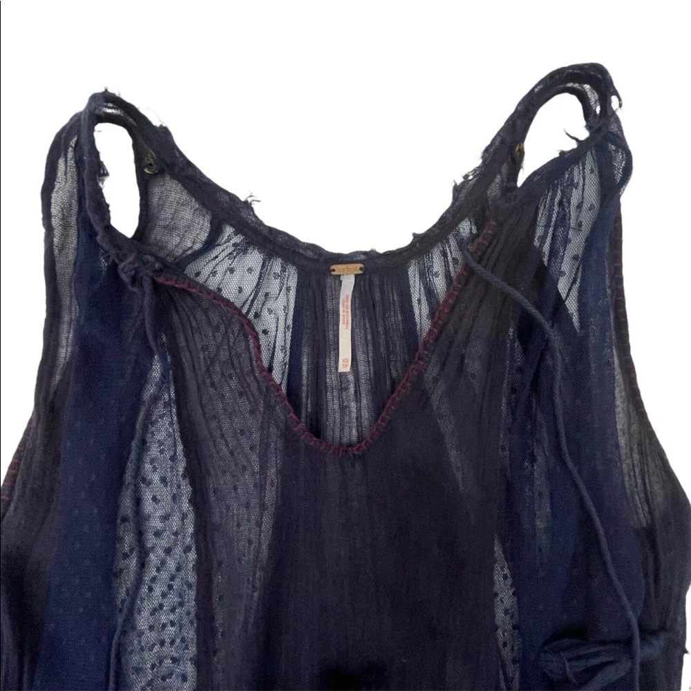 Free People Navy Blue Sheer Swiss Dot Gauze Maxi Dress Boho Oversized A-Line XS - Picture 11 of 12
